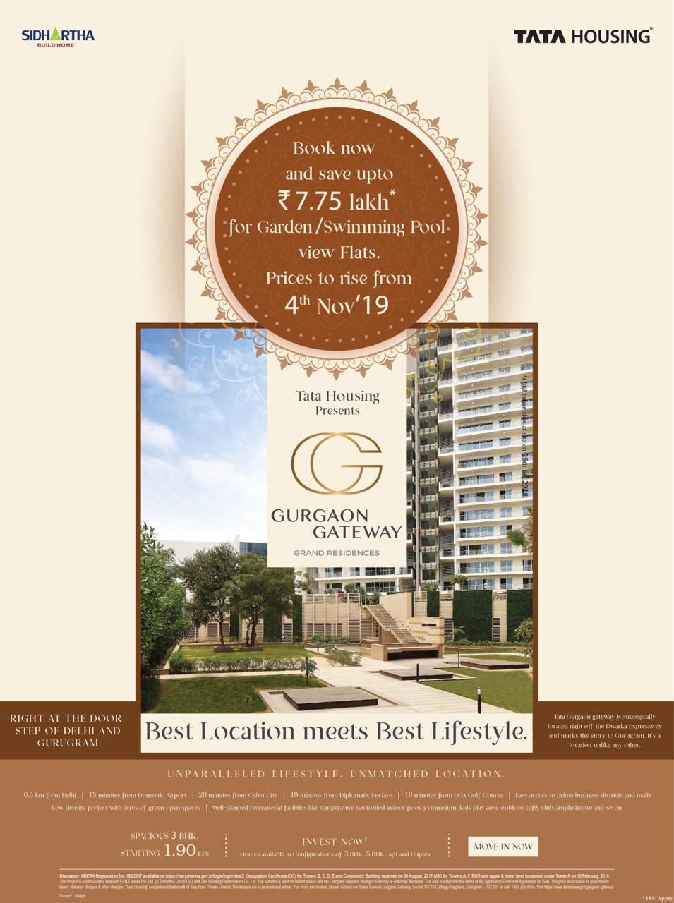 Book now and save up to Rs 7.75 Lac for garden/swimming pool view flats at Tata Gurgaon Gateway, Gurgaon