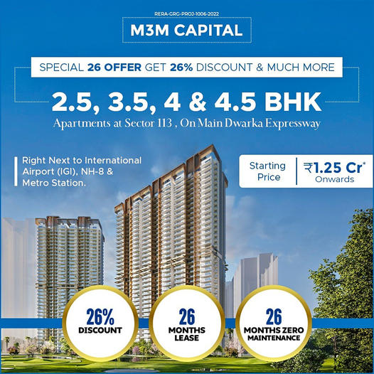 Special 26 offer get 26% discount & much more at M3M Capital in Sector 113, Gurgaon