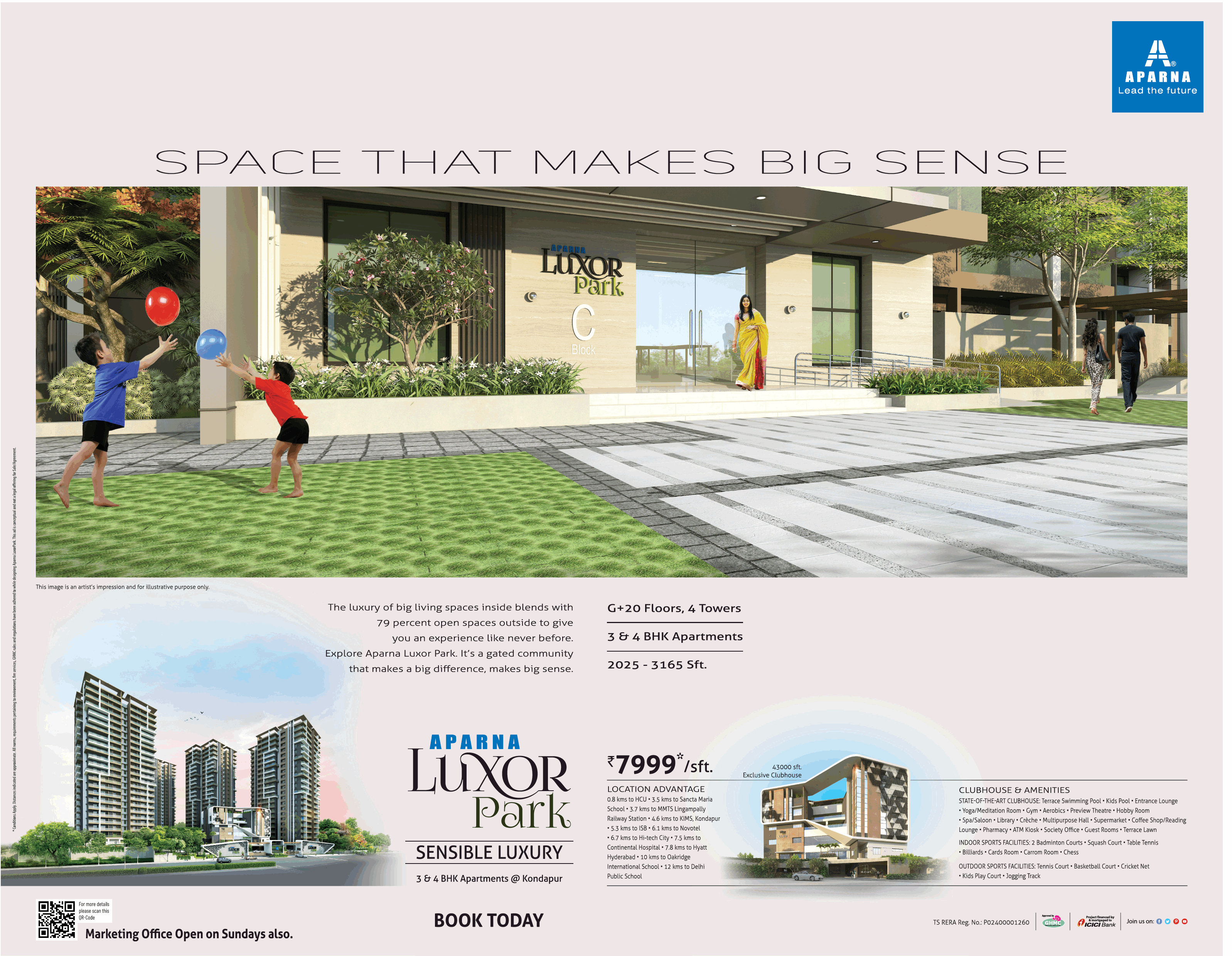 Book 3 & 4 BHK apartments at Aparna Luxor Park in Kondapur, Hyderabad