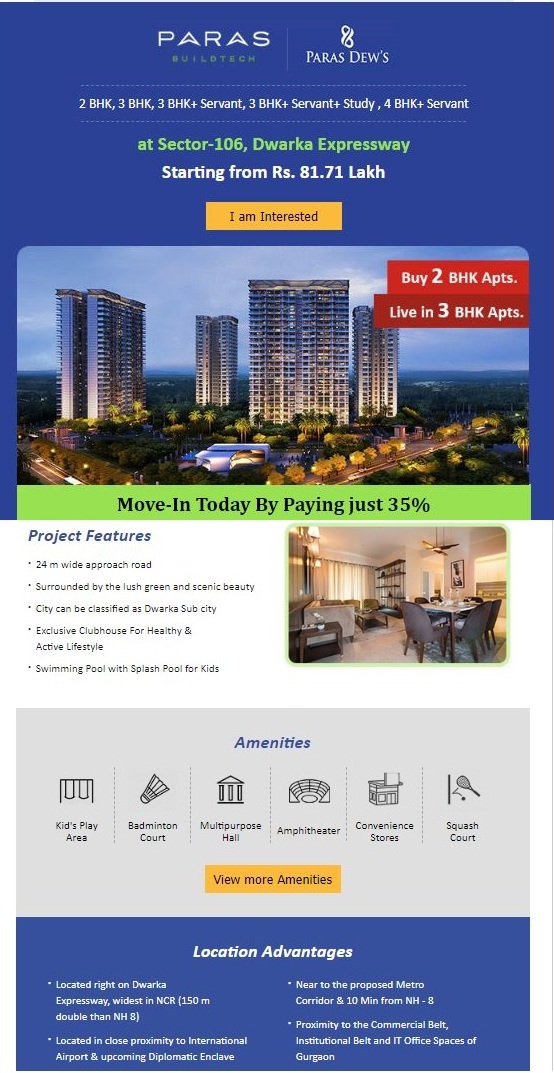 Move-In today by paying just 35% at Paras Dews in Sector 106, Gurgaon