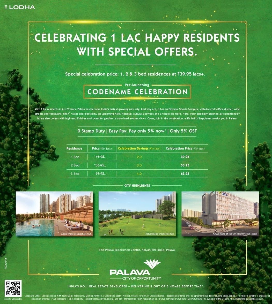 Special celebration price: 1, 2 & 3 bed residences Rs 39.95 lacs at Lodha Codename Celebration in Mumbai Update