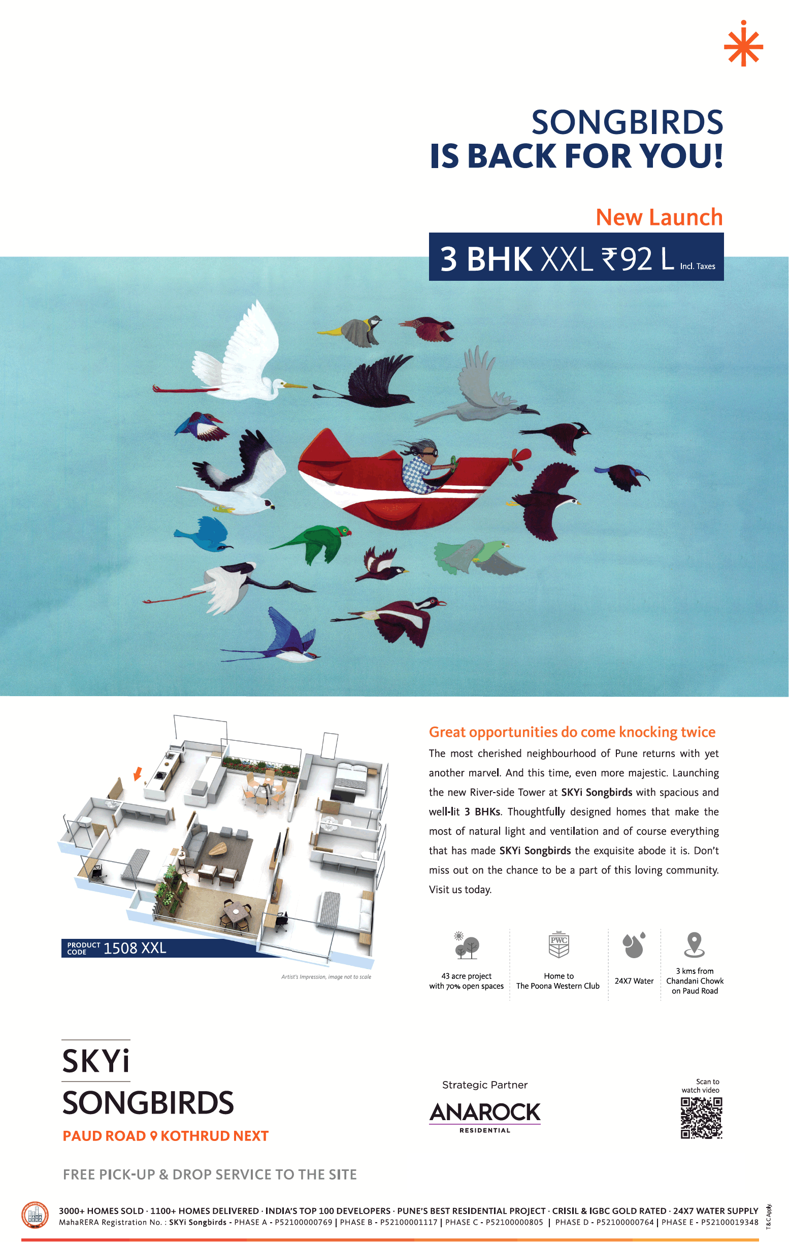 New launch 3 BHK XXL Rs 92 lakh at Skyi Songbirds in Pune Update