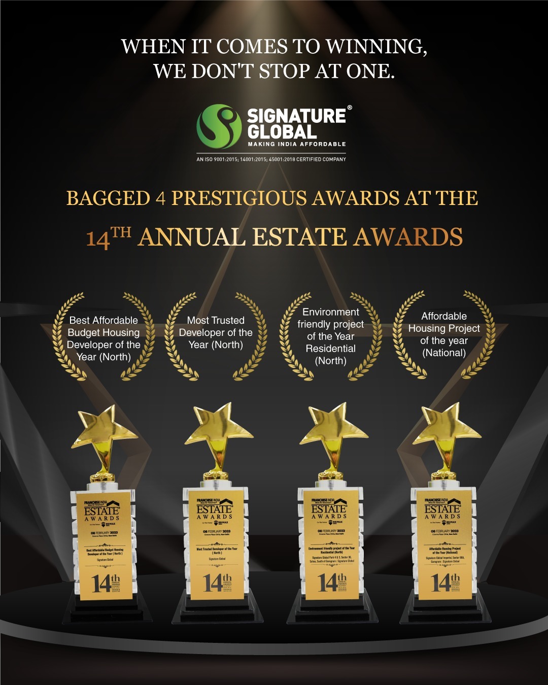 It is a moment of great joy for us to announce that Signature Global won 4 prestigious awards at the 14th Annual Estate Awards.