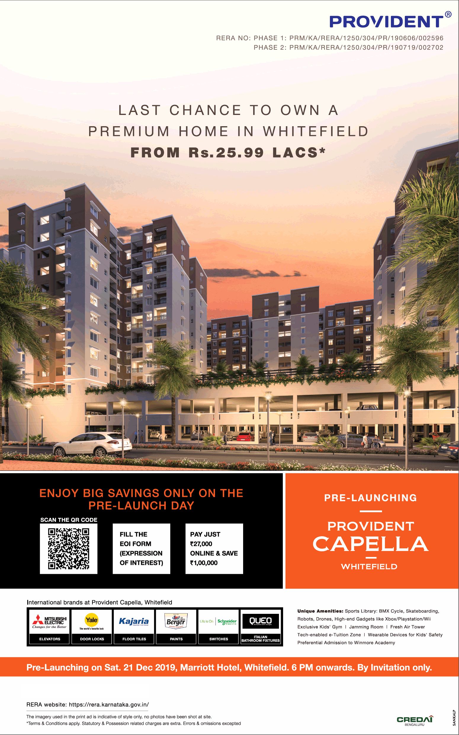 Last chance to own a premium home  Rs 25.99 Lac at Provident Capella in Whitefield, Bangalore Update