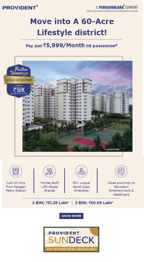 Pay only Rs. 5,999 monthly till possession at Provident Sundeck in Off Mysore Road, Bangalore
