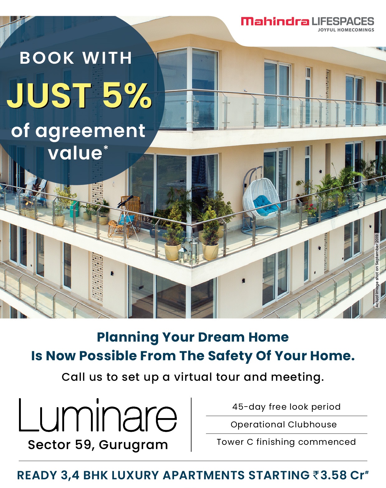 Book with just 5% of agreement value at Mahindra Luminare, Gurgaon