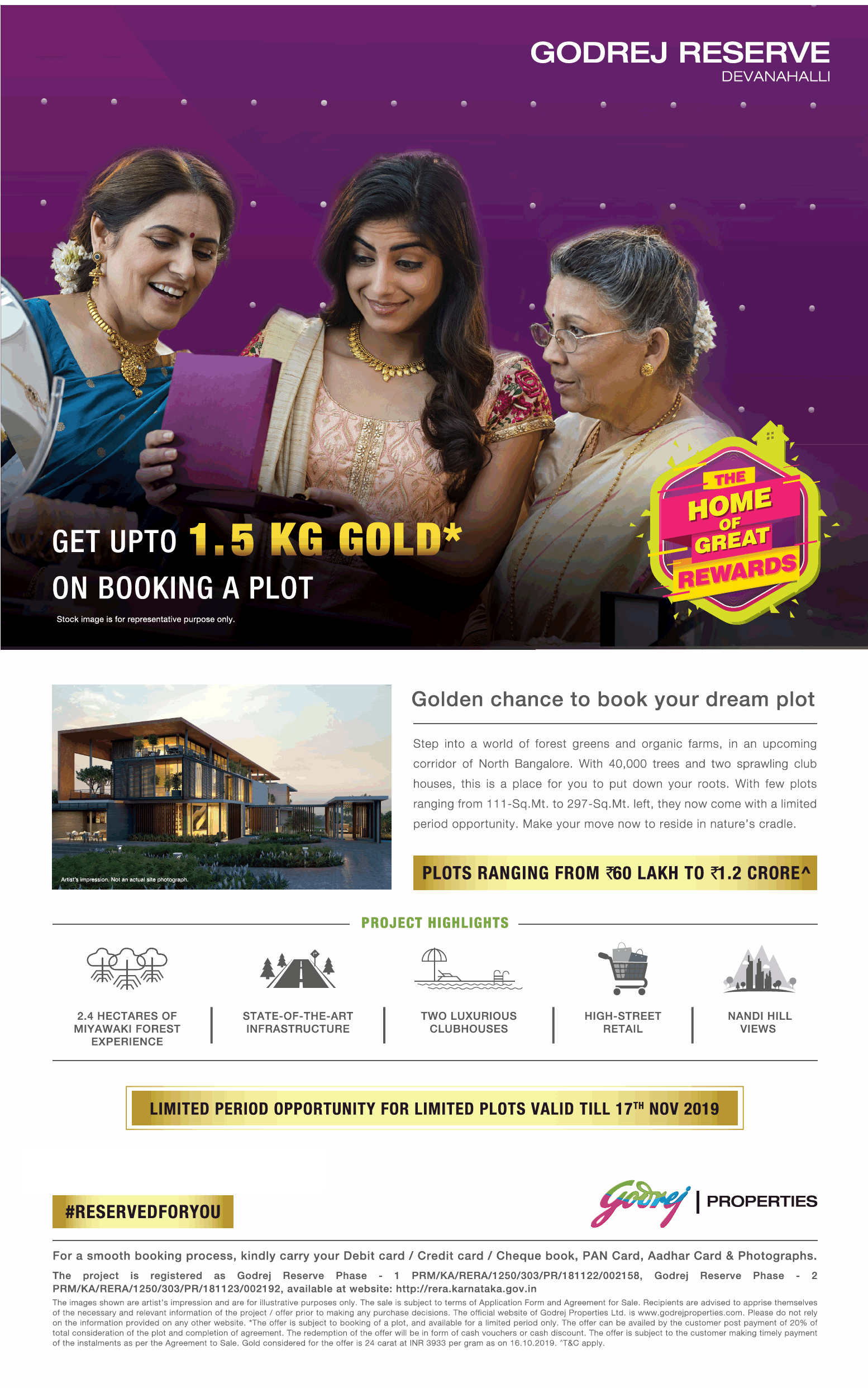 Get upto 1.5 KG gold on booking a plot at Godrej Reserve in Devanahalli, Bangalore