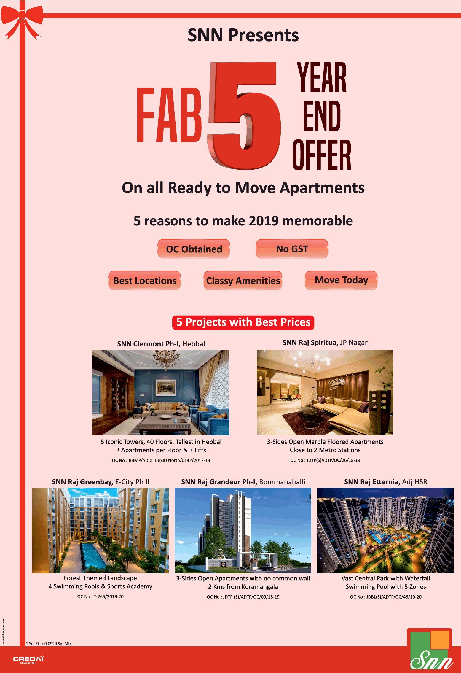 SNN Builders presents all ready to move apartments in Bangalore Update