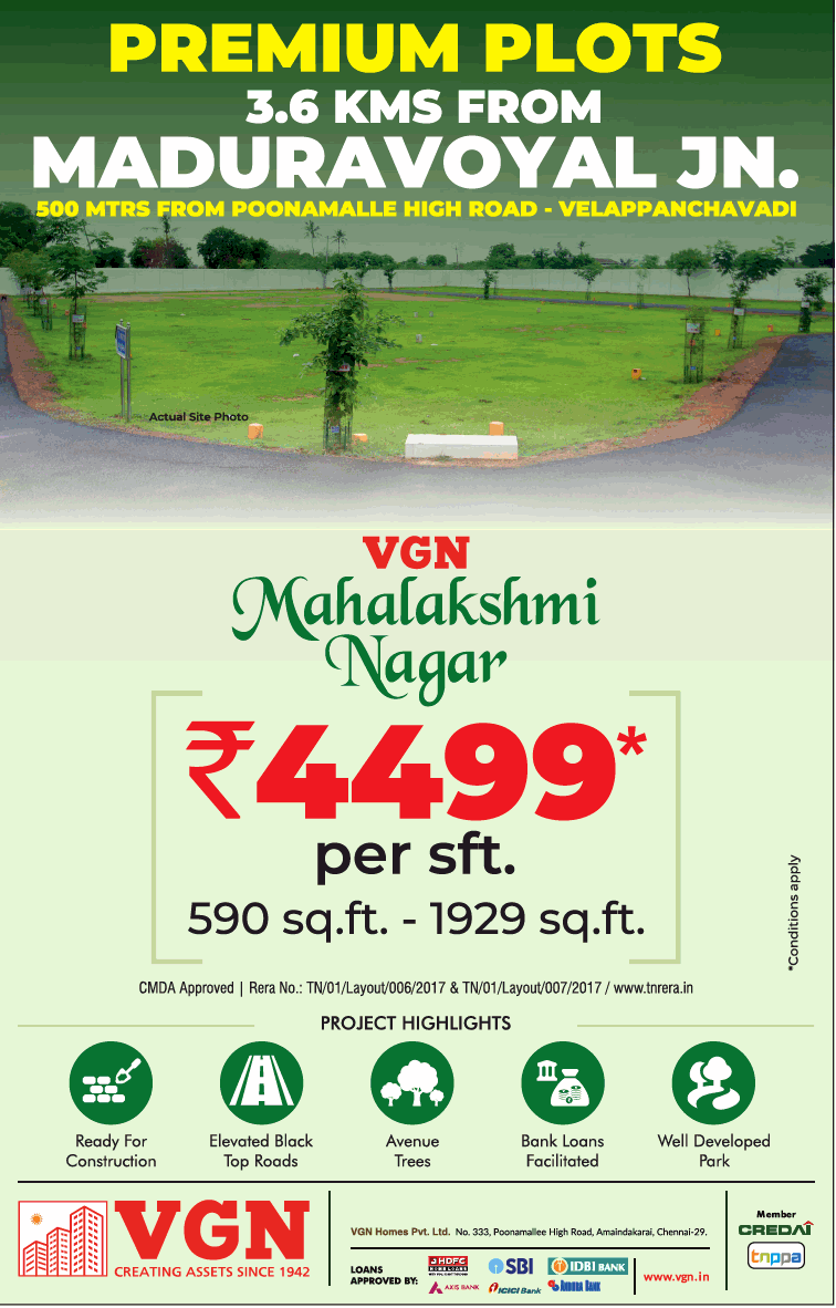 VGN Mahalakshmi Nagar offers Rs 4499 per sqft in Chennai Update