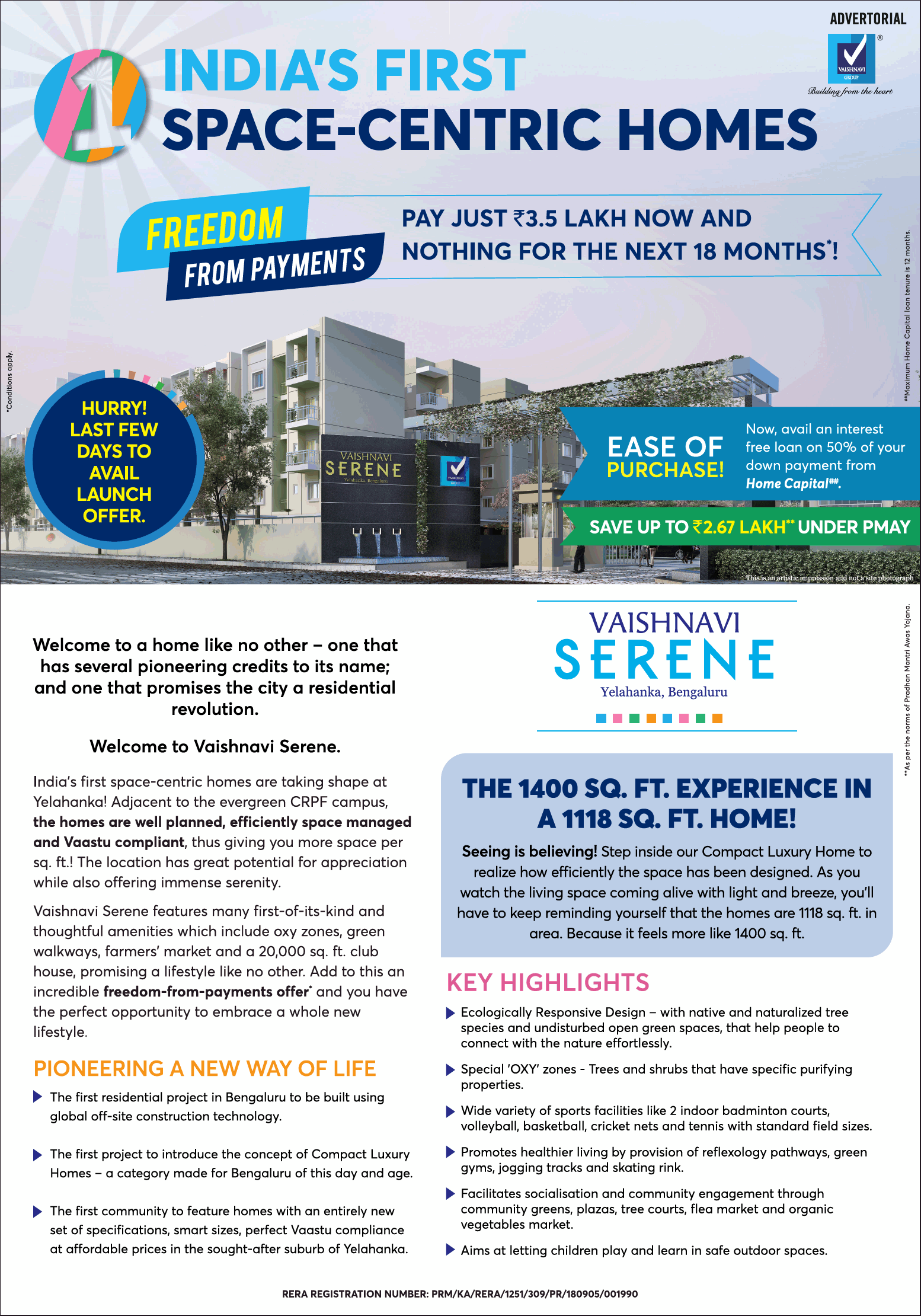 Pay just Rs 3.5 lakh now and nothing for the next 18 months at Vaishnavi Serene, Bangalore Update