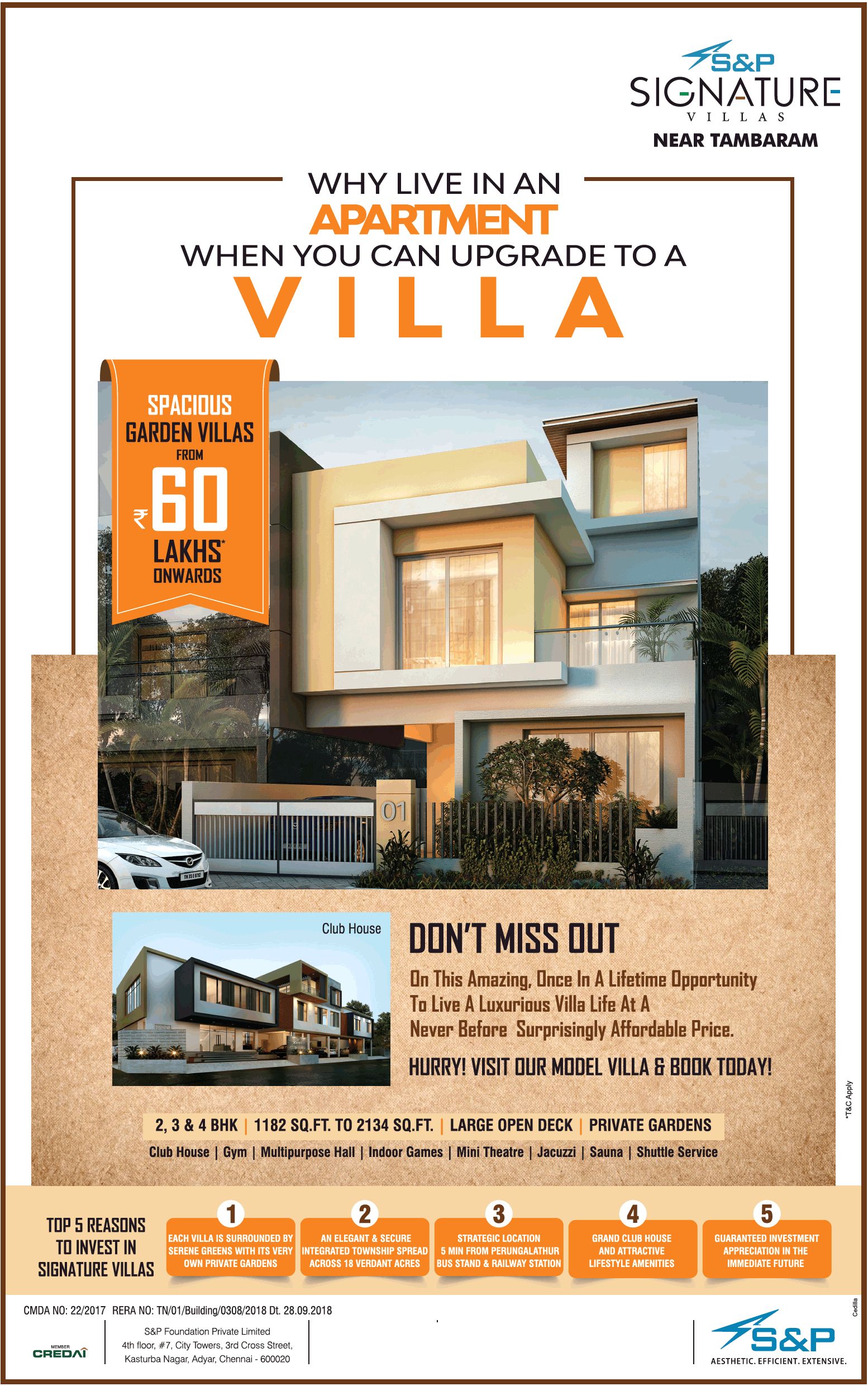 Book 2, 3 & 4 BHK Rs 60 Lac at S And P Signature Villas, Chennai Update