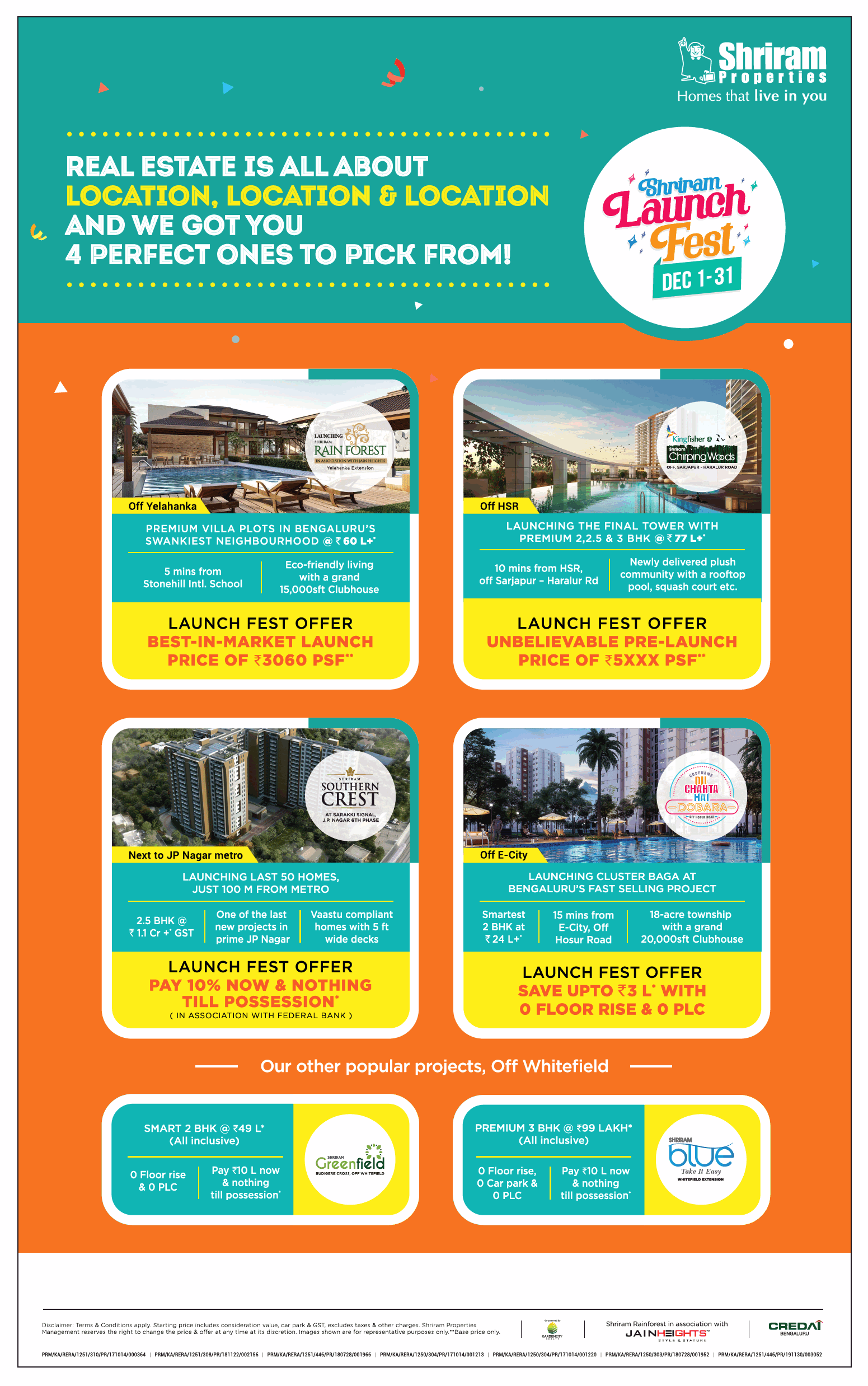 Launch  fest offer at Shriram Properties, Bangalore