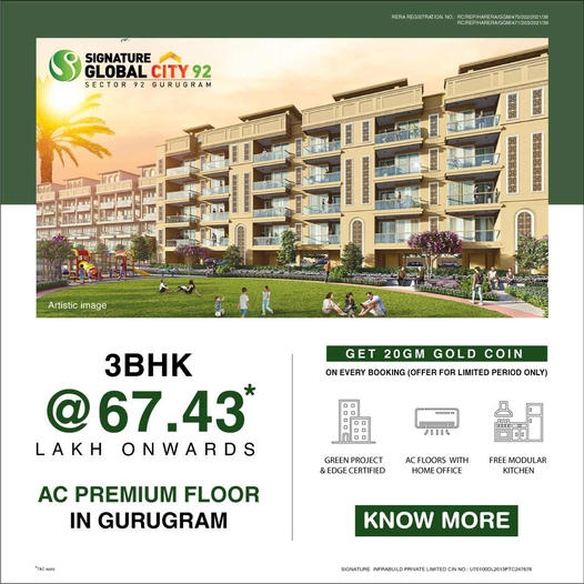 Signature Global City 92 presenting 3 BHK Rs 67.43 Lac onwards AC premium floor in Gurgaon
