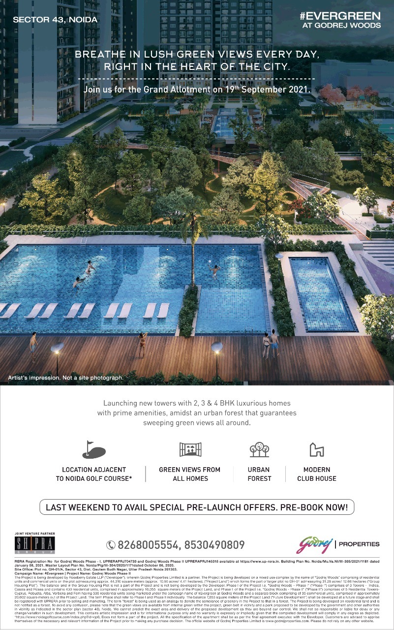 Evergreen Godrej Launching 2 & 3 & 4 BHK Luxurious Homes with Prime Amenities at Sector 43 Noida