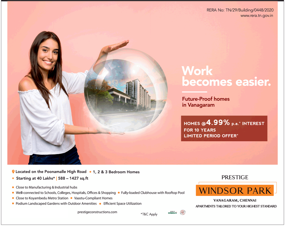 Book 1, 2 & 3 BHK homes price starting Rs 40 Lac at Prestige Windsor Park, Chennai