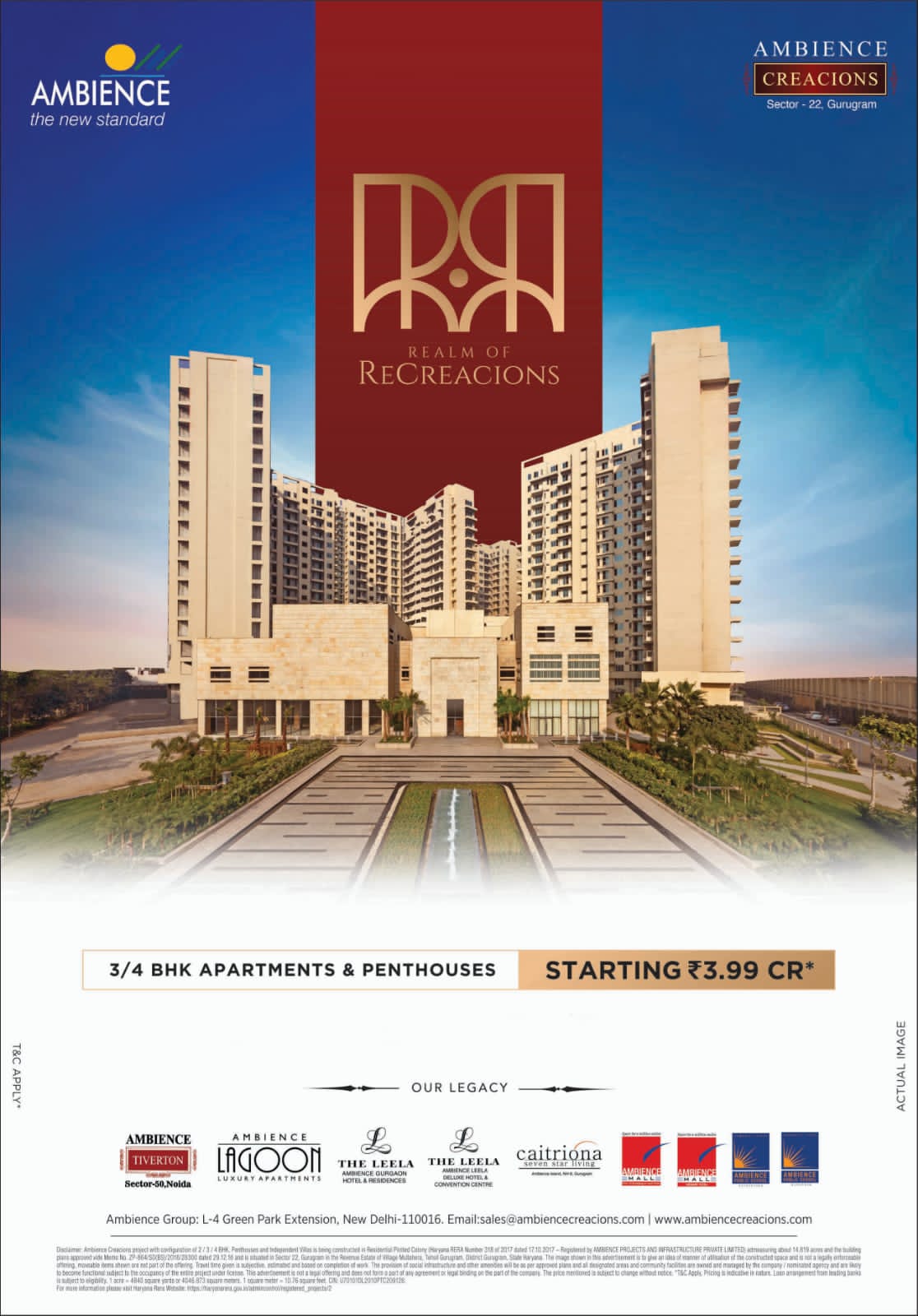 Luxurious 3 & 4 BHK apartments and penthouses starting Rs 3.99 Cr at Ambience Creacions, Gurgaon Update