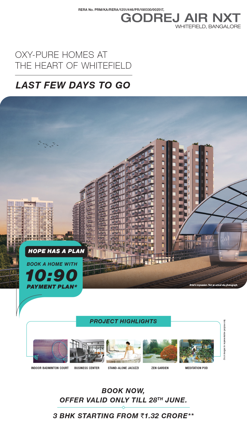 Last few days to go avail 10:90 payment plan at Godrej Air Nxt, Whitefield in Bangalore