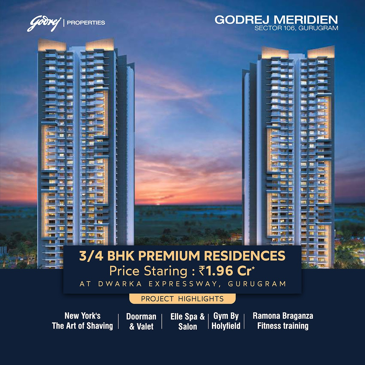 Book 3 and 4 BHK premium residences price staring Rs 1.96 Cr at Godrej Meridien, Gurgaon