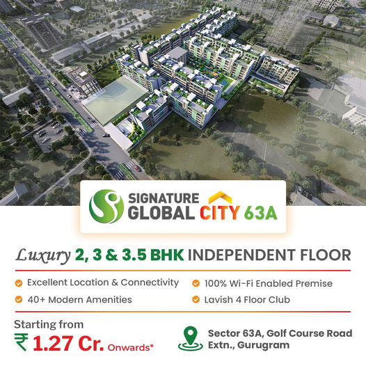 Book luxury 2, 3 and 3.5 BHK independent floor Rs 1.27 Cr at Signature Global City 63A, Gurgaon