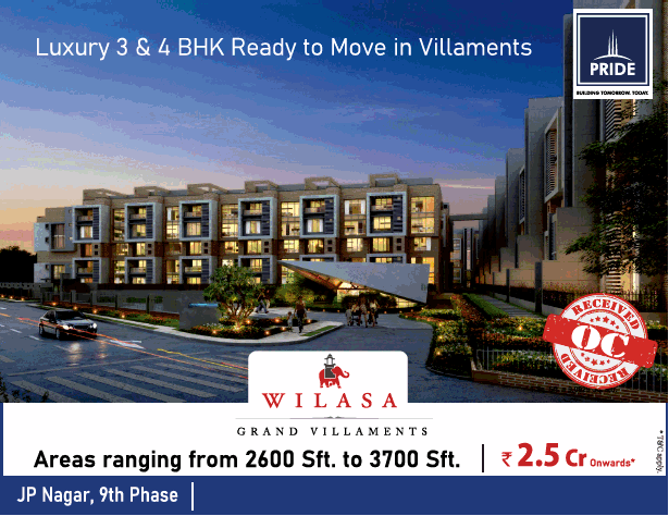Luxury 3 & 4 BHK ready to move in villaments at Pride Wilasa, Bangalore