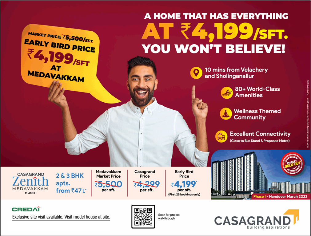 Early bird price Rs 4,199 Sqft at Casagrand Zenith in Medavakkam, Chennai