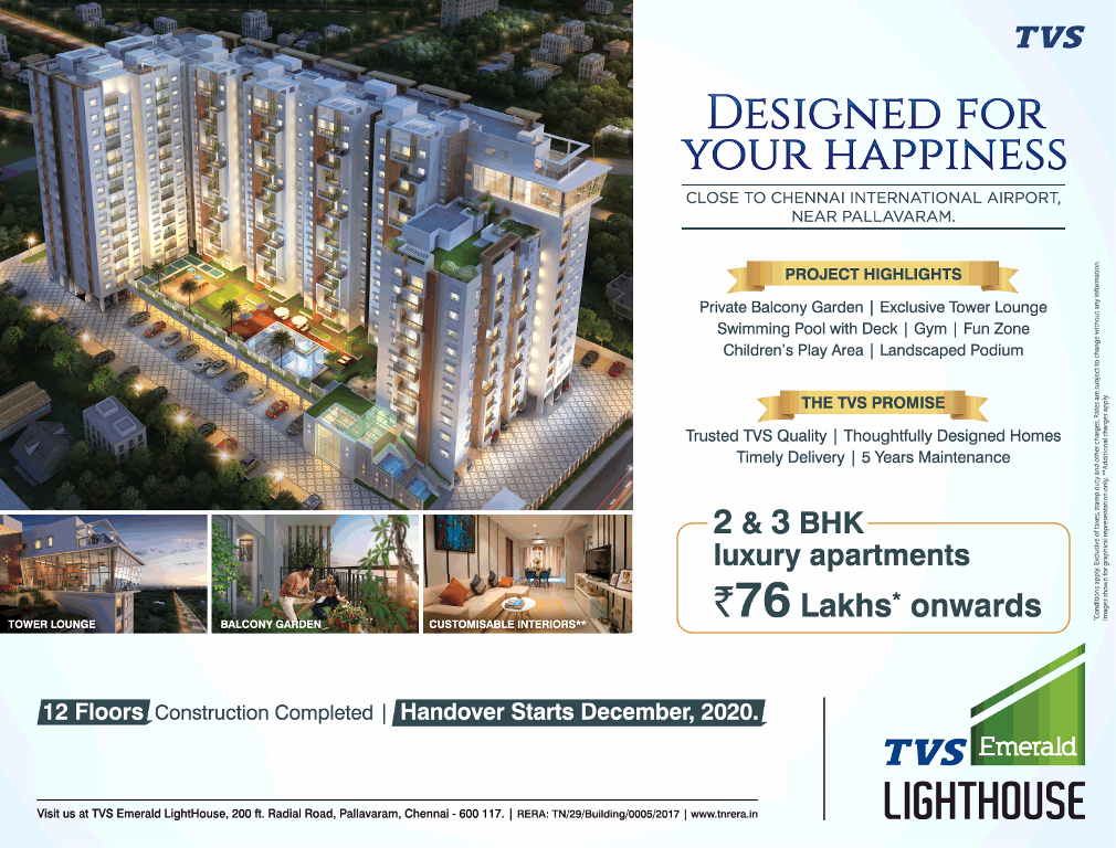 Book 2 & 3 BHK luxury apartments Rs 76 Lac at TVS Emerald LightHouse in Chennai