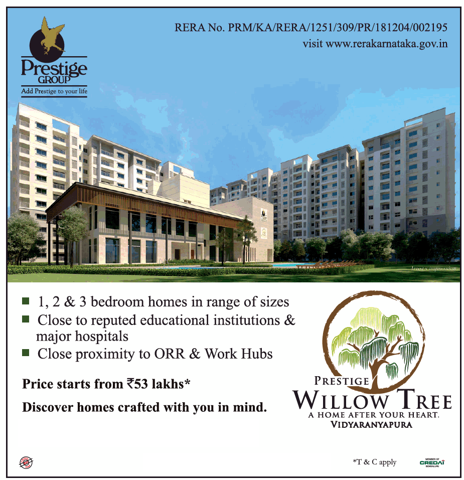 Book 1, 2 & 3 bedroom homes price starting Rs 53 Lac at Prestige Willow Tree, Bangalore Update