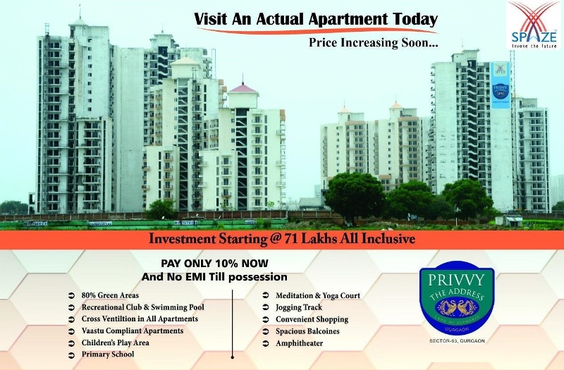 Investment starting @ 71 lakhs all inclusive at Spaze Privy The Address in Gurgaon