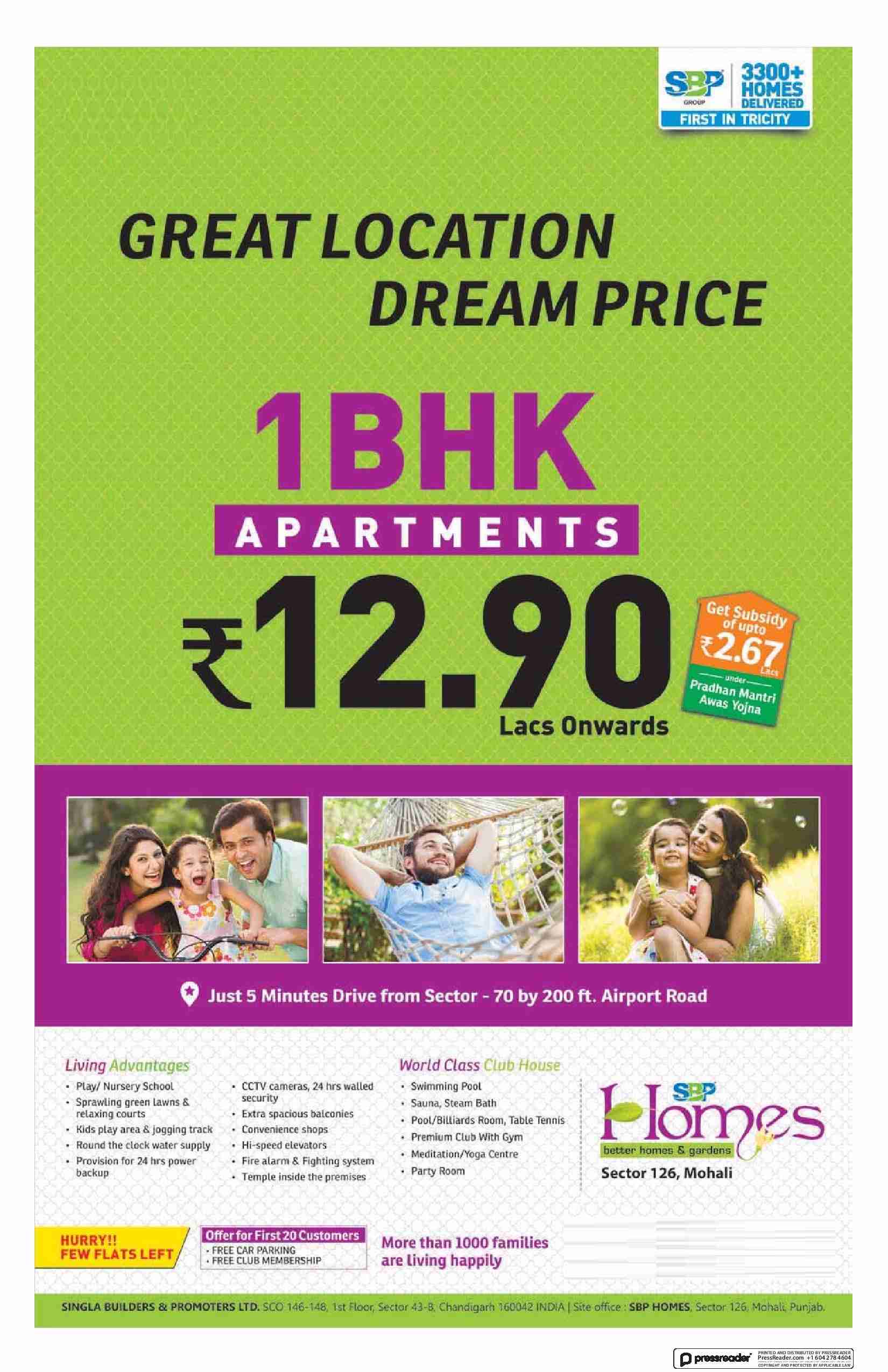 SBP Homes presents 1 BHK apartments with great location and dream price in Mohali