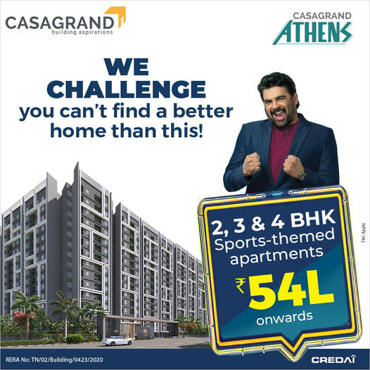 Book 2, 3 & 4 BHK sports-themed apartments Rs 54 Lac onwards at  Casagrand Athens in Mogappair, Chennai