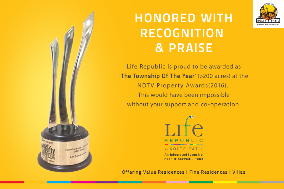 Kolte Patil Life Republic awarded as The Township Of The Year (>200 acres) at NDTV Property Awards 2016