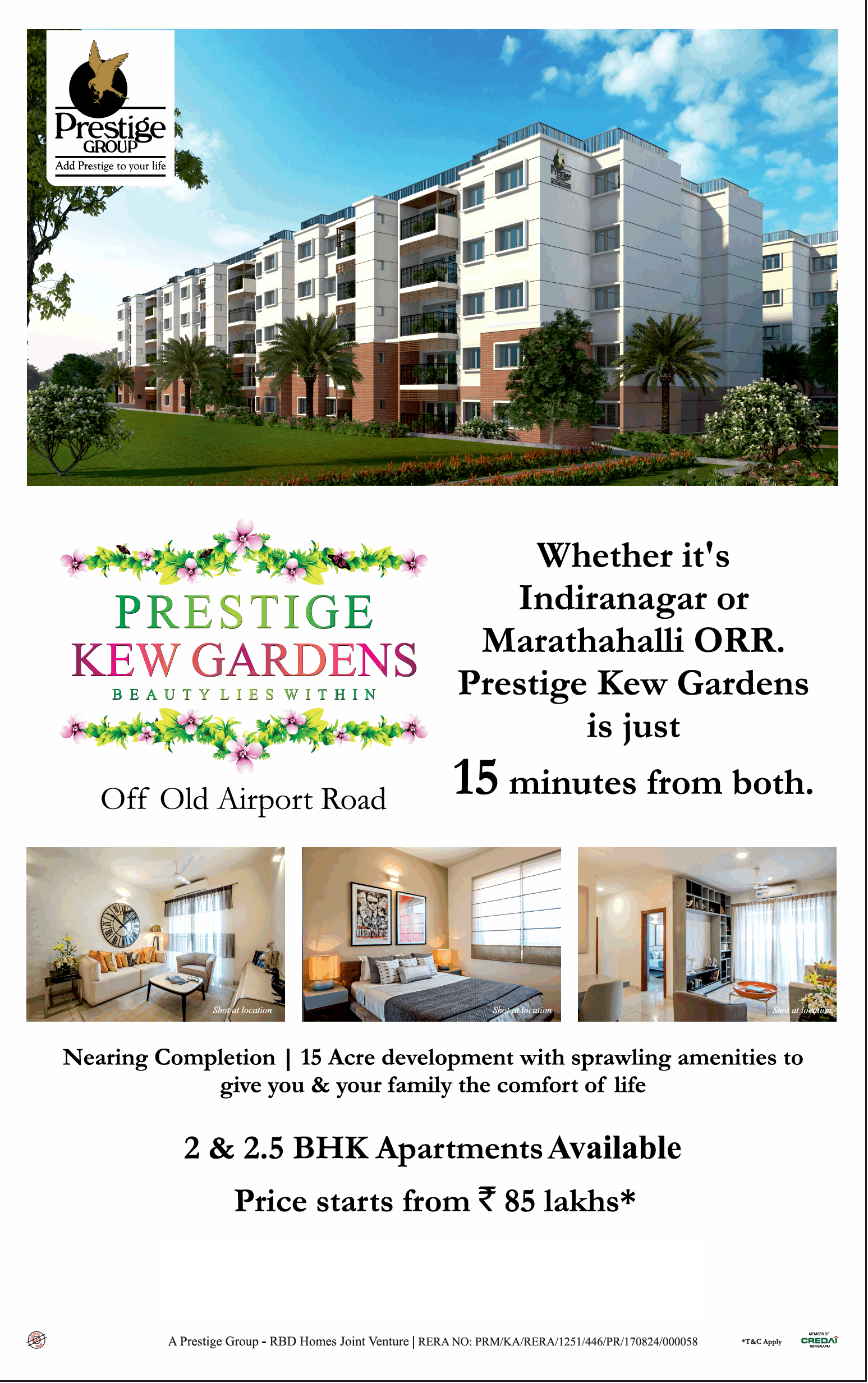 Prestige Kew Gardens 2 & 2.5 BHK Apartments Available Price starts from Rs 85 lakhs in Bangalore