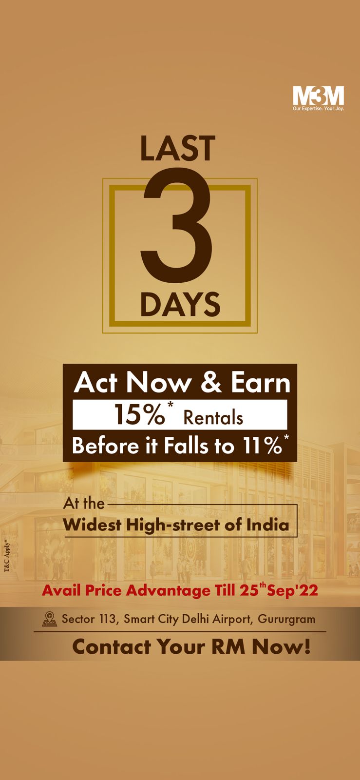 Last 3 days act now and earn 15% rentals before it falls to 12% at M3M SCO 113 Market, Gurgaon