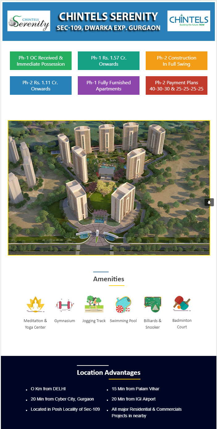 Presenting fully furnished apartments at Chintels Serenity in Gurgaon
