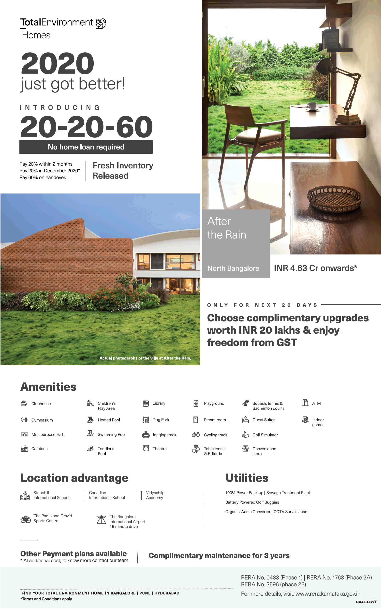 Introducing 20-20-60 payment plan at Total Environment After The Rain in Bangalore Update