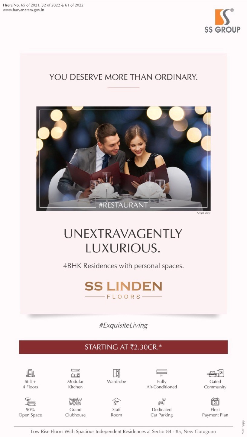 Presenting SS Linden Floors Unextravagently Luxurious  4BHK Residences with personal spaces in Gurgaon