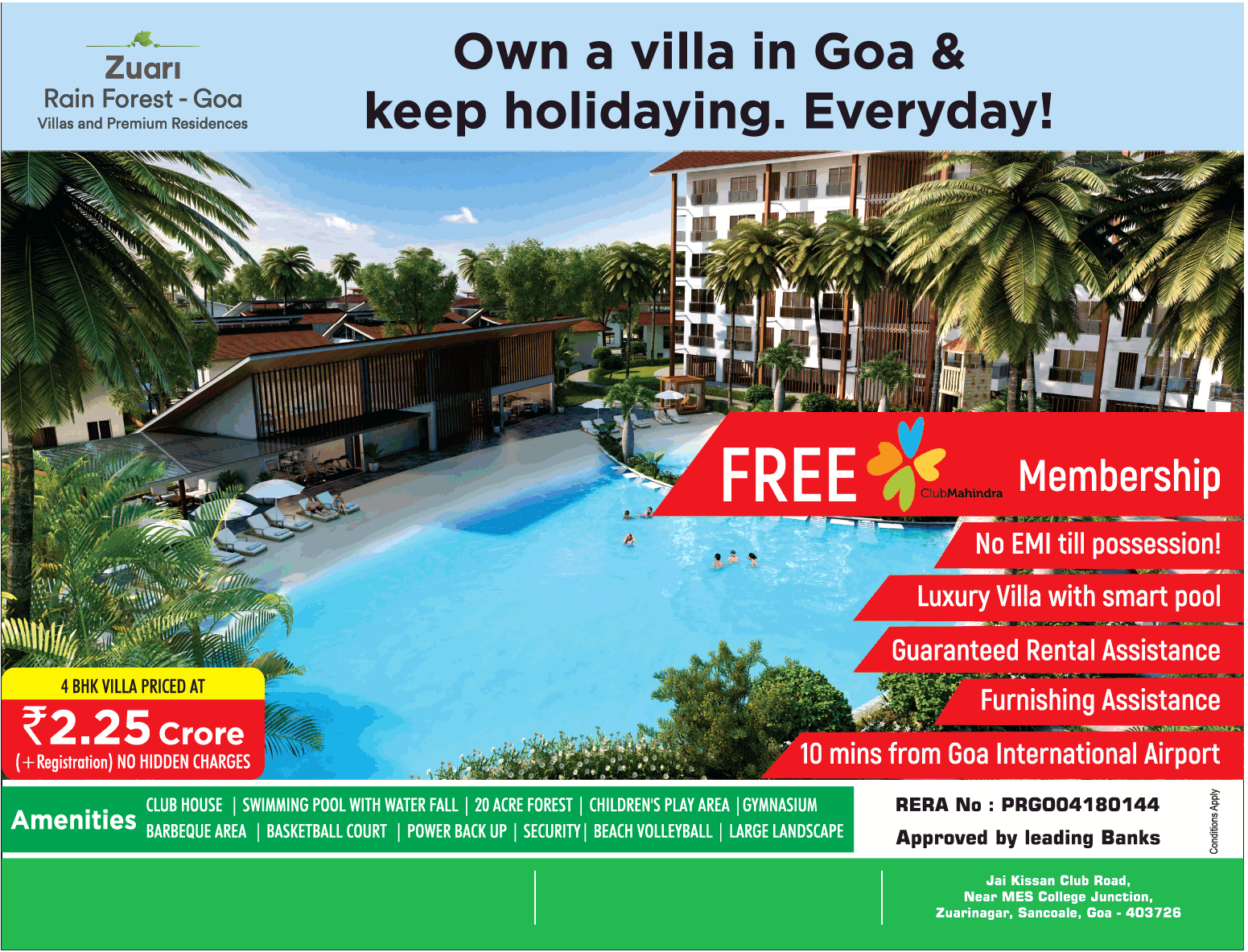 4 BHK villa priced Rs 2.25 Cr at Zuari Rain Forest, Goa