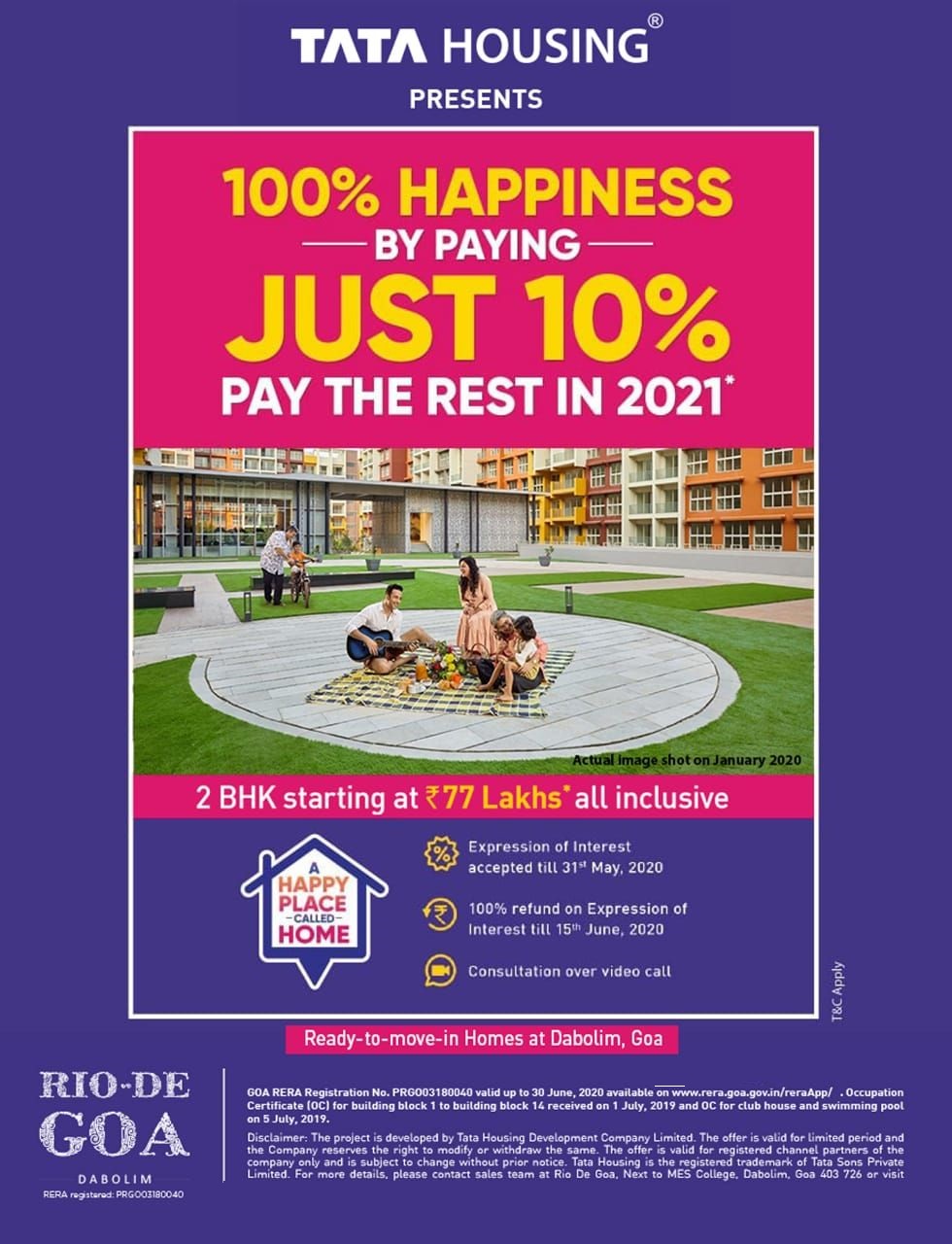 Pay just 10% now and the rest in 2021 at Tata Rio De Goa in Dabolim, Goa Update