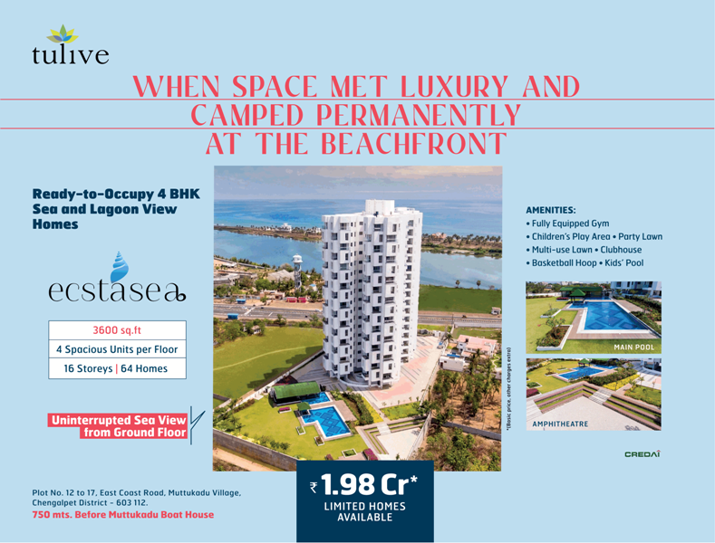 Ready-to-occupy 4 BHK sea and lagoon view homes at Tulive Ecstasea in Muttukadu, Chennai