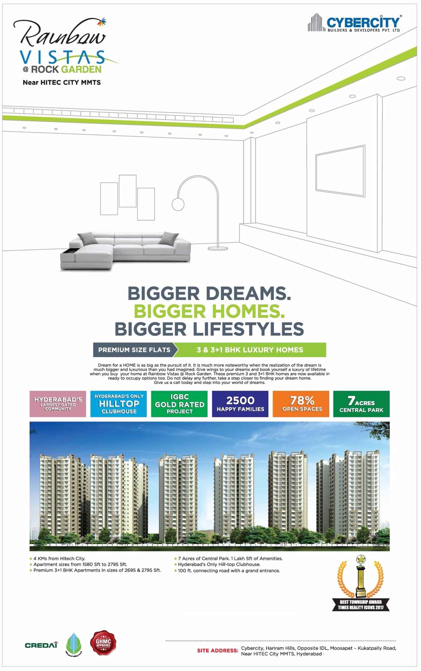 Bigger dreams with bigger homes and lifestyle at Cybercity Rainbow Vistas in Hyderabad