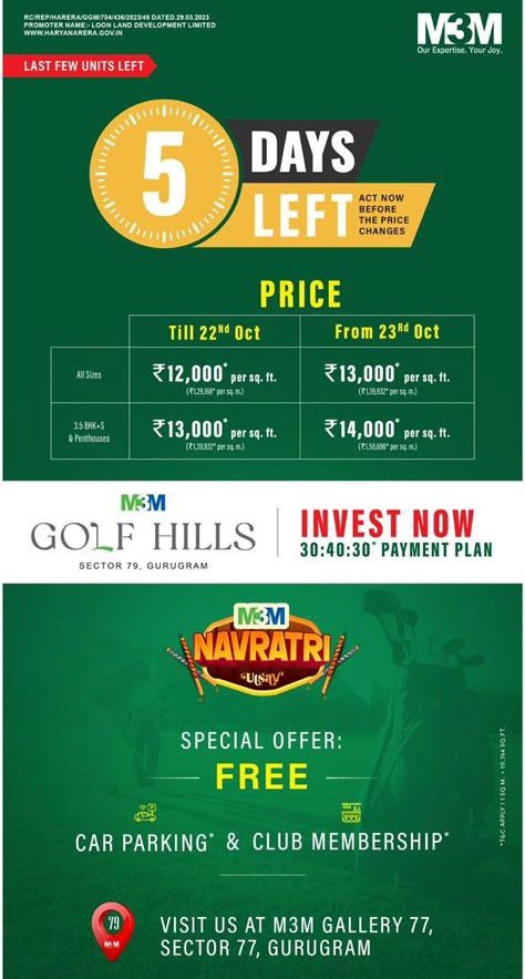Invest now 30:40:30 payment plan at M3M Golf Hills, Gurgaon