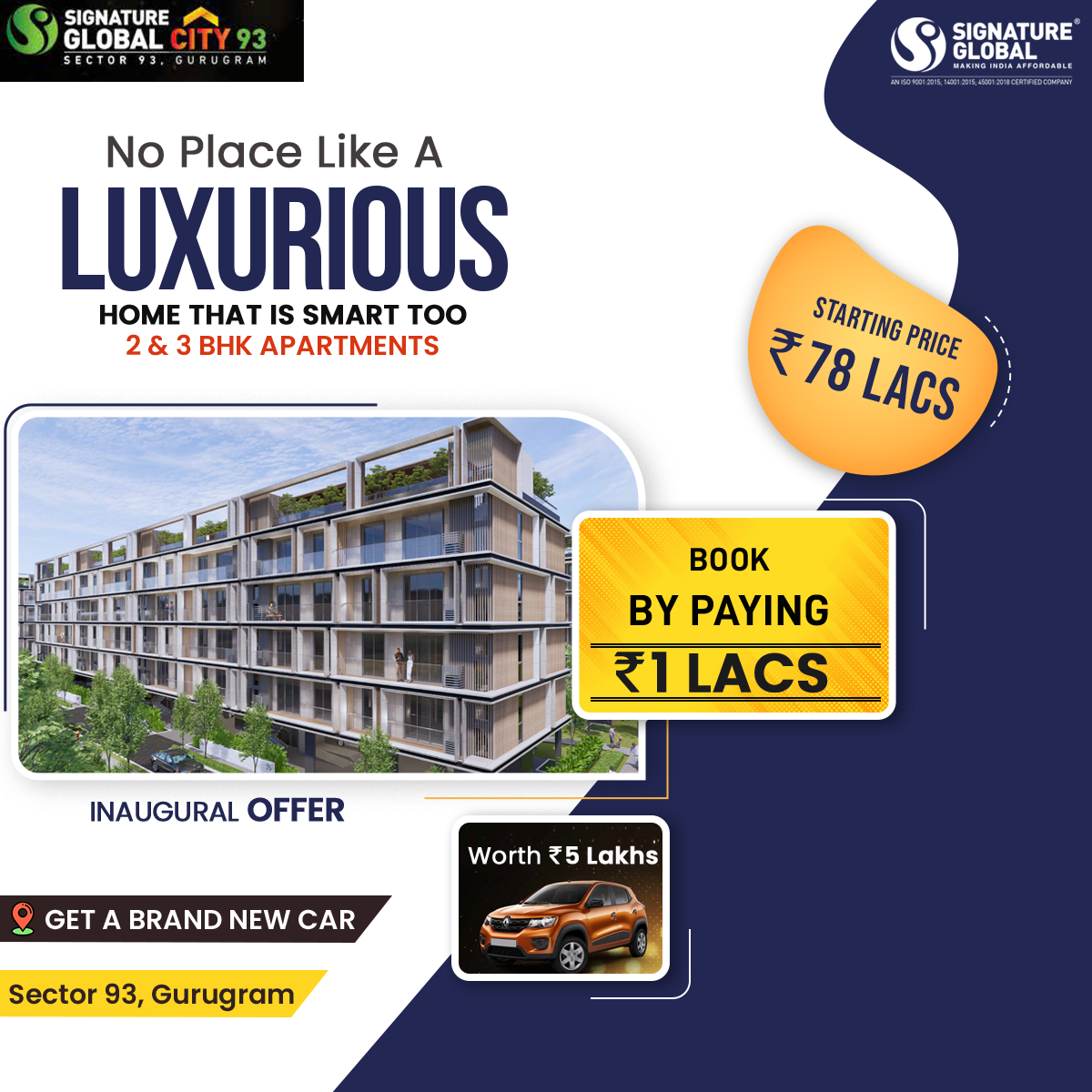 Book by paying Rs 1 Lac at Signature Global City 93, Gurgaon