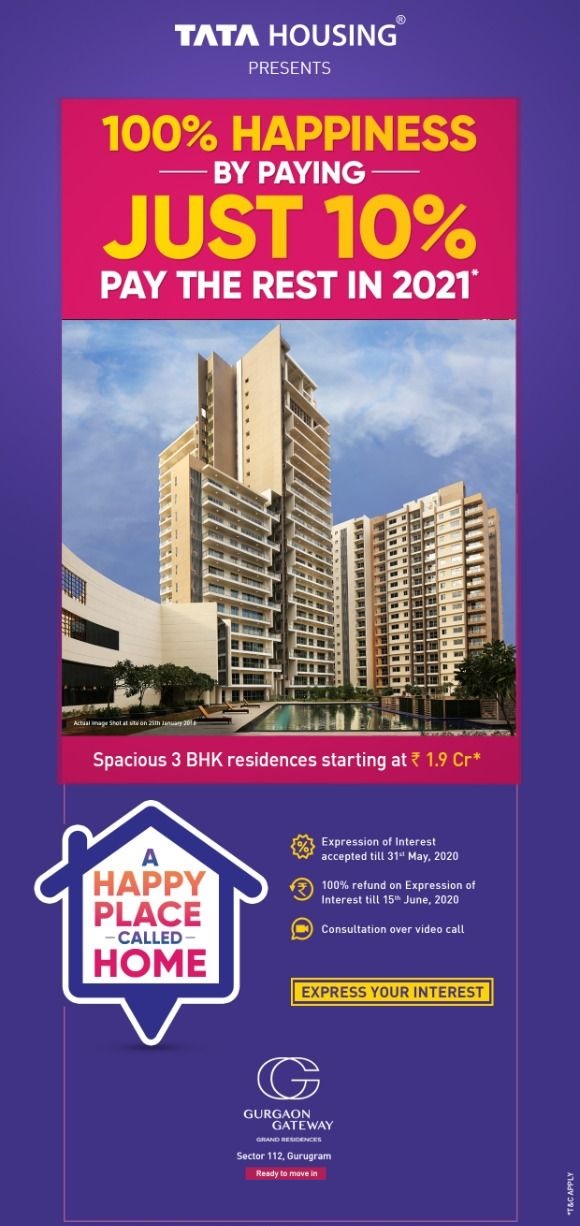 100% happiness by paying just 10% and pay the rest in 2021 at Tata Gurgaon Gateway in Gurgaon