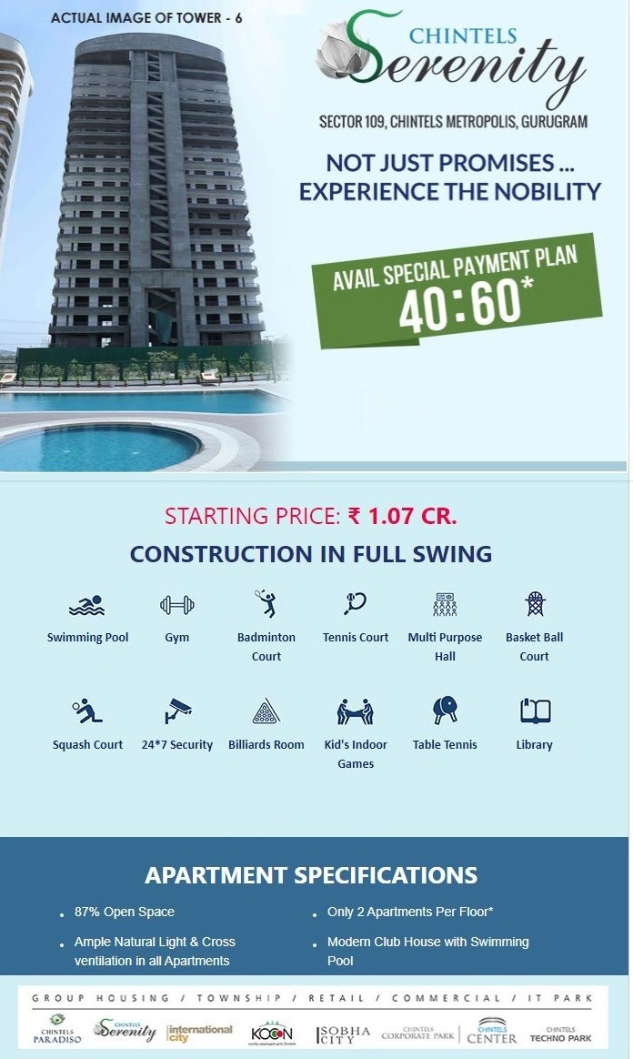 Book apartment start at Rs 1.07 Cr in Chintels Serenity, Gurgaon