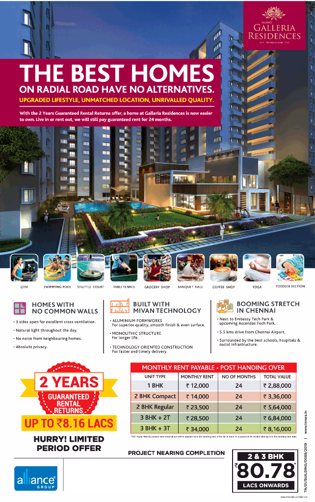 Get 2 years guaranteed rental returns of up to Rs 8.16 Lac at Alliance Galleria Residences, Chennai