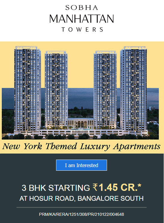 Book 3 BHK home Rs 1.45 Cr at Sobha Manhattan Towers in Hosur Road, Bangalore