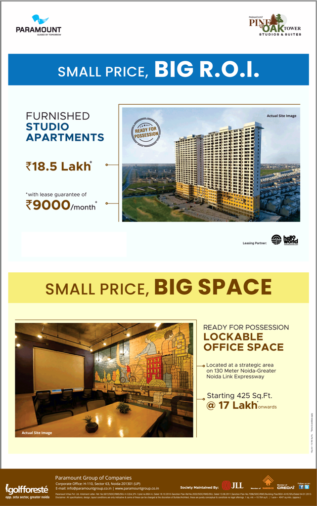 Furnished studio apartments Rs 18.5 Lac at Paramount Golf Foreste in Noida