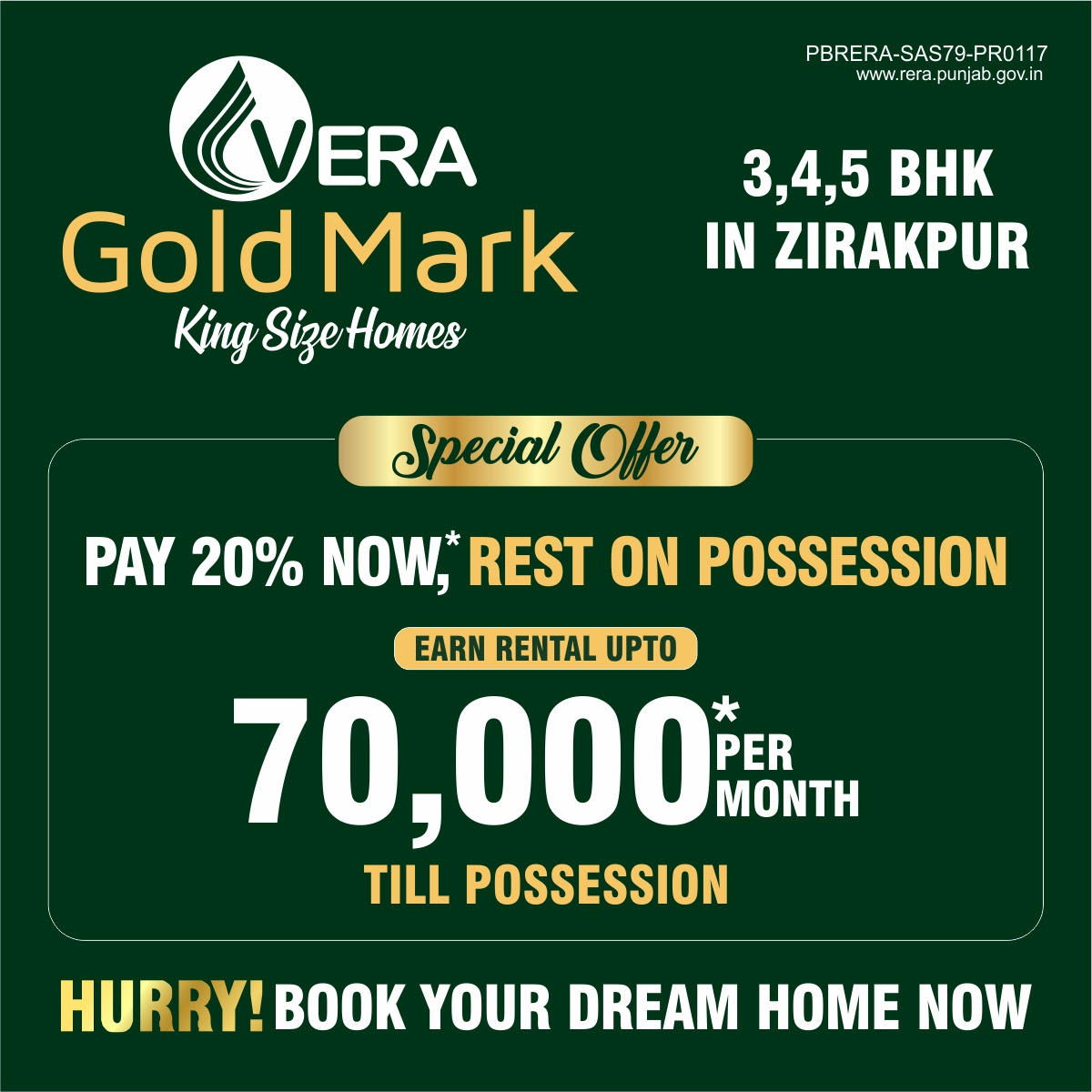 Pay 20% now rest on possession at Vera Gold Mark, Zirakpur