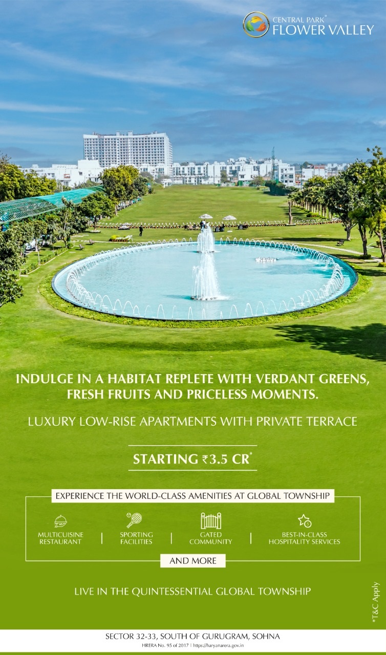 Luxury low-rise apartments with private terrace price starts Rs 3.5 Cr. at Central Park Flower Valley in Gurgaon