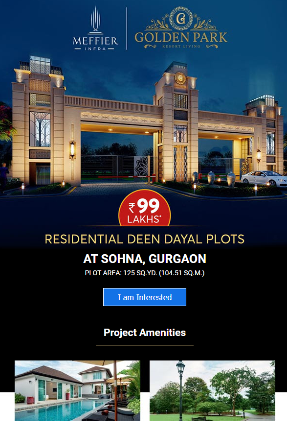 Book your residential deen dayal plots Rs. 99 Lac onward at Meffier Golden Park in Sohna, Gurgaon